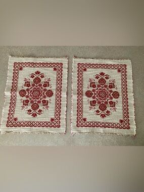 Vintage Cream and Red Tapestry Woven Placemats Set of 2. Cotton Linen